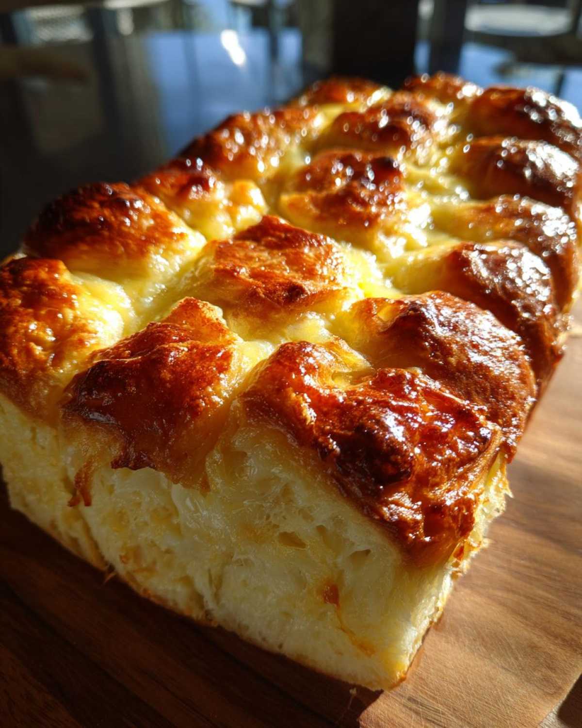 Close-up of a freshly baked loaf of Hawaiian roll garlic bread with a shiny, golden-brown, cheesy top.