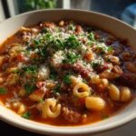 Close-up of a steaming bowl of rich tomato-based pasta e fagioli topped with grated Parmesan cheese and fresh parsley.