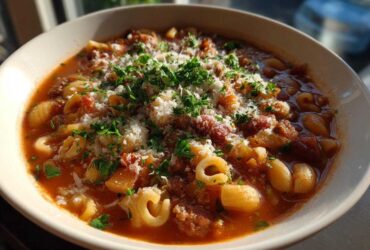 Close-up of a steaming bowl of rich tomato-based pasta e fagioli topped with grated Parmesan cheese and fresh parsley.