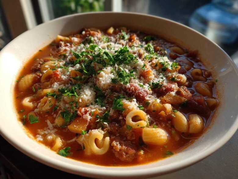Close-up of a steaming bowl of rich tomato-based pasta e fagioli topped with grated Parmesan cheese and fresh parsley.