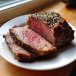Close-up of a medium-rare prime rib recipe roast, sliced and showing a thick herb crust on a white plate.