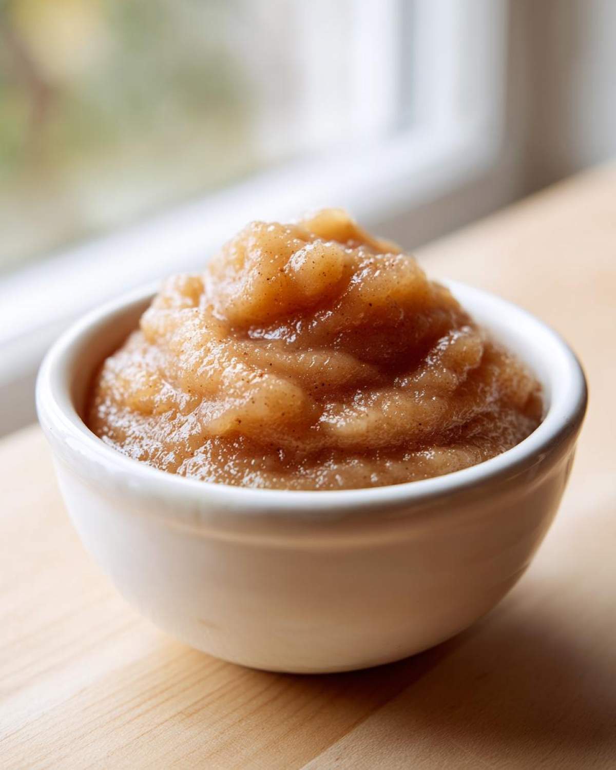 Close-up of chunky, homemade applesauce seasoned with cinnamon in a small white bowl.