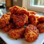 A close-up shot of a pile of golden brown, crispy homemade chicken nuggets served on a white plate.