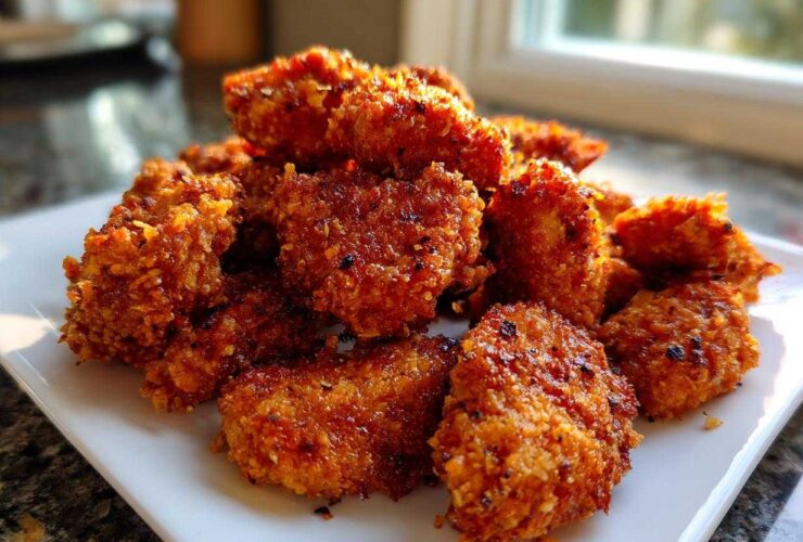 A close-up shot of a pile of golden brown, crispy homemade chicken nuggets served on a white plate.