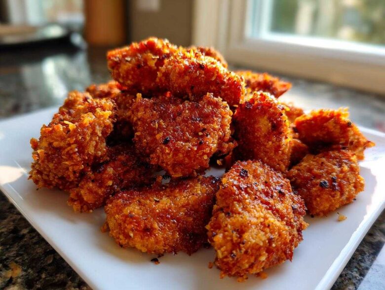 A close-up shot of a pile of golden brown, crispy homemade chicken nuggets served on a white plate.