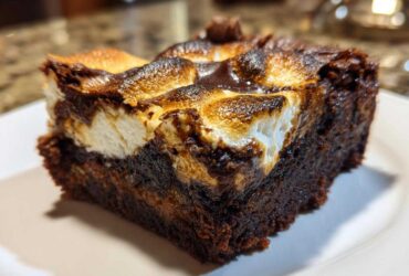 A single, rich slice of hot chocolate brownies topped with toasted, gooey marshmallows.