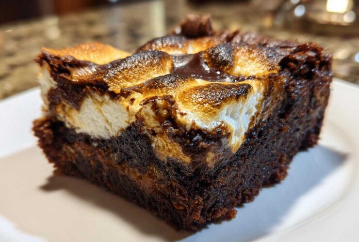 A single, rich slice of hot chocolate brownies topped with toasted, gooey marshmallows.