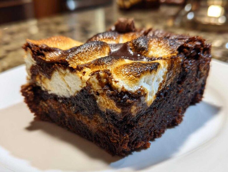A single, rich slice of hot chocolate brownies topped with toasted, gooey marshmallows.