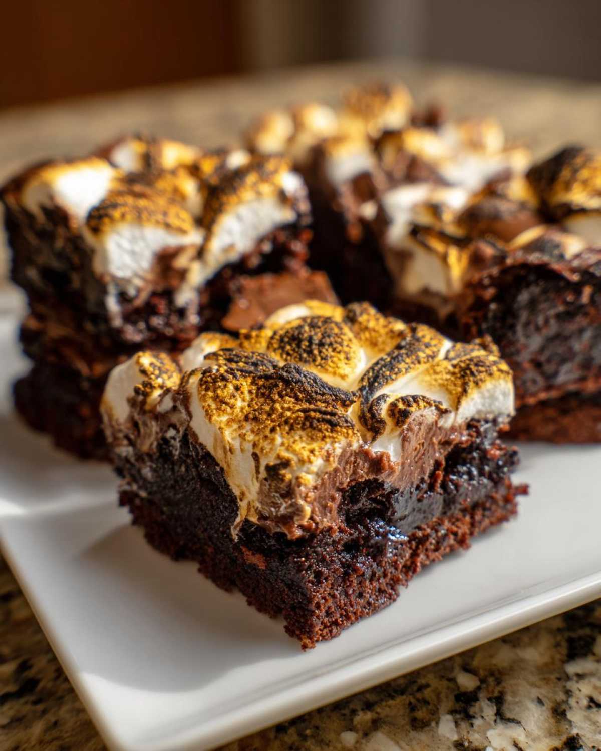 A close-up of a rich, fudgy hot chocolate brownies slice topped with toasted, golden-brown marshmallows.