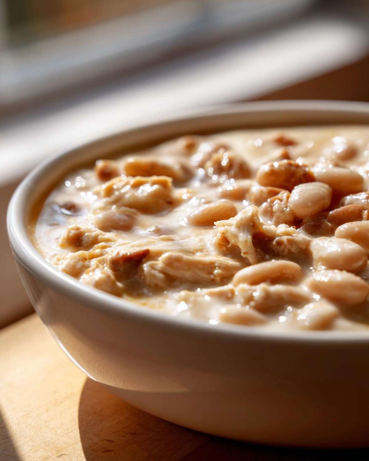 Close-up of a creamy bowl of instant pot white chicken chili with shredded chicken and white beans.