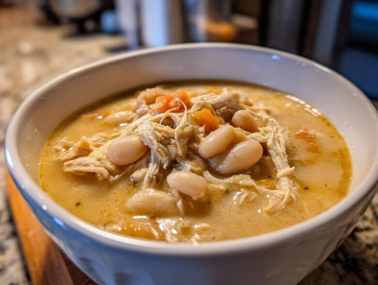 Close-up of a white bowl filled with creamy instant pot white chicken chili, featuring shredded chicken and white beans.