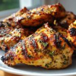 Close-up of perfectly grilled chicken pieces coated in a flavorful herb chicken marinade, showing char marks.