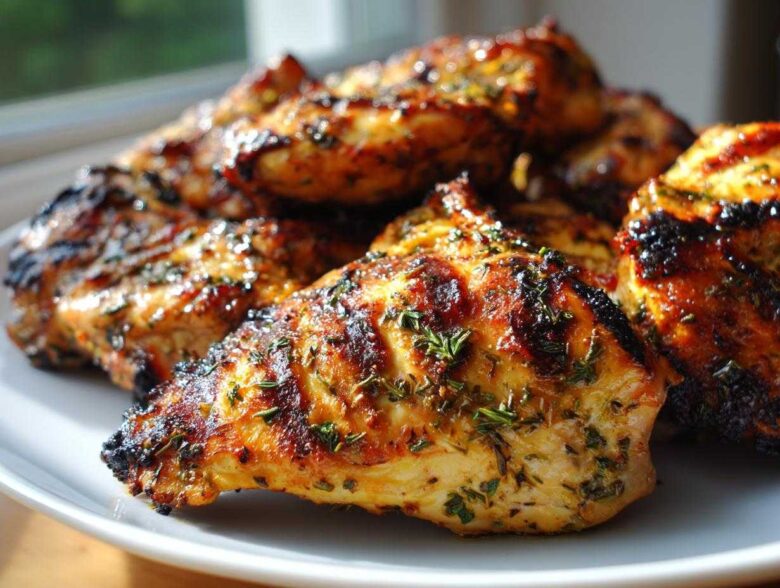Close-up of perfectly grilled chicken pieces coated in a flavorful herb chicken marinade, showing char marks.