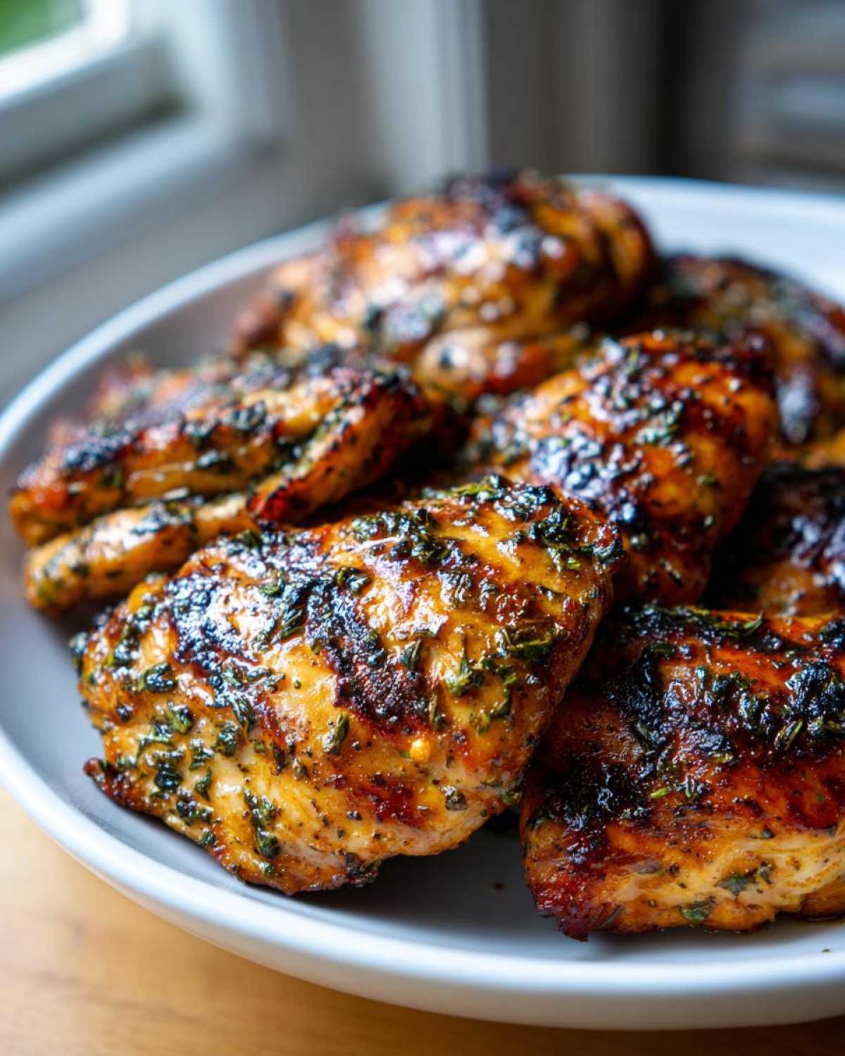 Close-up of several pieces of grilled chicken coated in a rich, herb-flecked chicken marinade, served on a white plate.