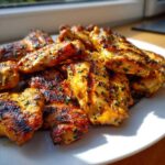 Close-up of grilled chicken pieces coated in a flavorful chicken marinade and sprinkled with herbs.