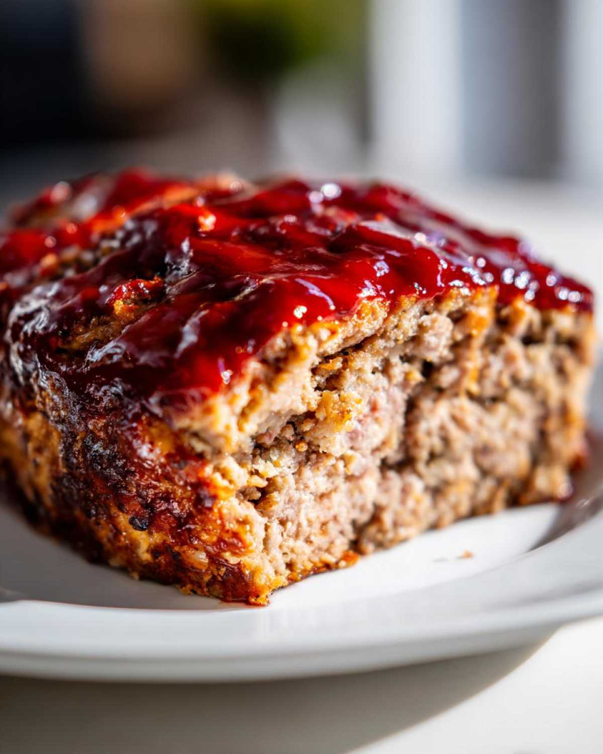 Close-up of a thick, juicy slice of meatloaf topped with a shiny, dark red glaze, served on a white plate.