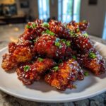 A plate piled high with crispy Korean fried chicken coated in a glossy red sauce, sprinkled with sesame seeds and green onions.