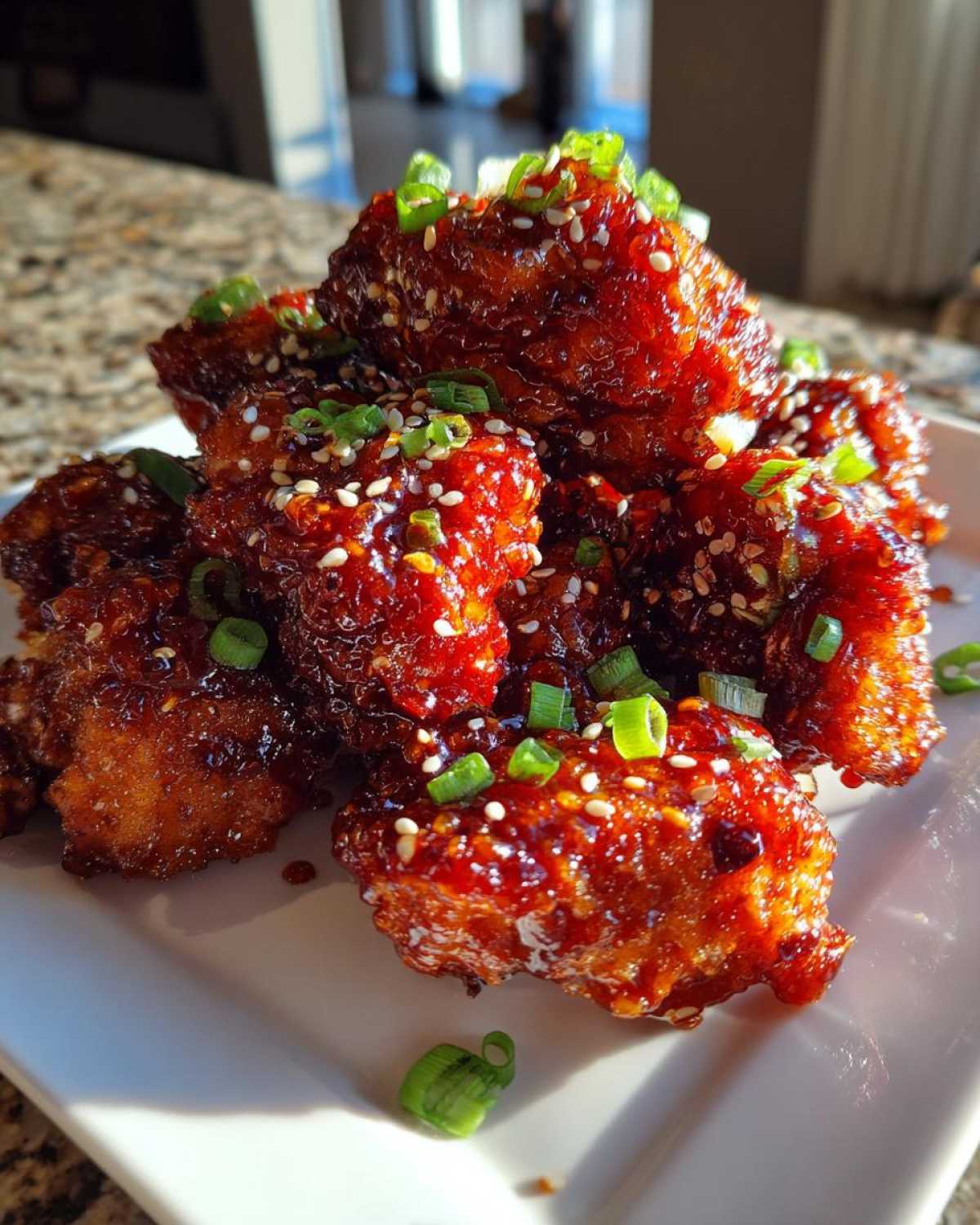A close-up of glossy, deep-red Korean fried chicken recipe pieces topped with sesame seeds and green onions.
