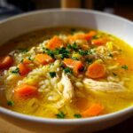 Close-up of a bowl of vibrant Lemon Ginger Turmeric Chicken and Rice Soup with carrots and herbs.