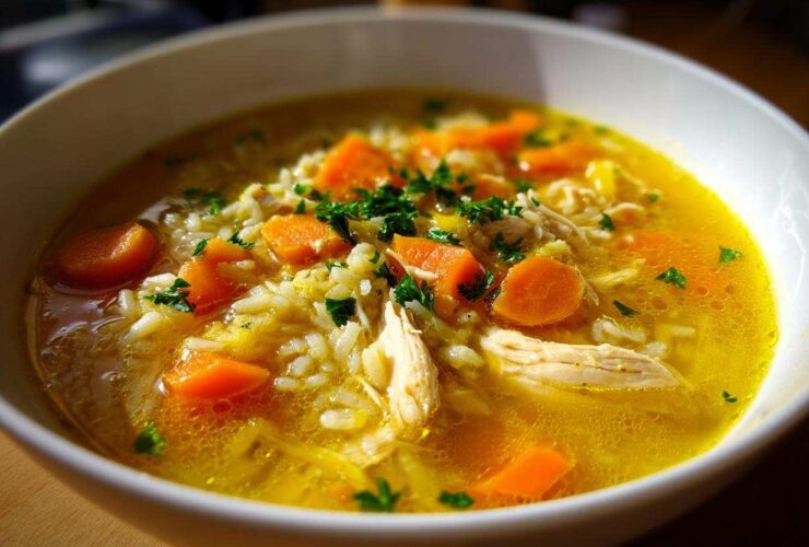 Close-up of a bowl of vibrant Lemon Ginger Turmeric Chicken and Rice Soup with carrots and herbs.