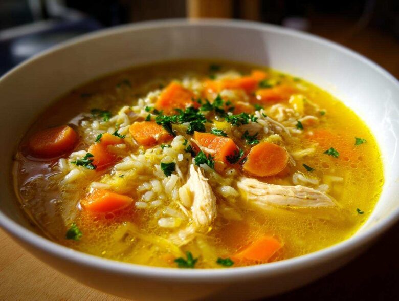 Close-up of a bowl of vibrant Lemon Ginger Turmeric Chicken and Rice Soup with carrots and herbs.