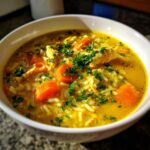 Close-up of a white bowl filled with vibrant Lemon Ginger Turmeric Chicken and Rice Soup, featuring carrots and parsley.