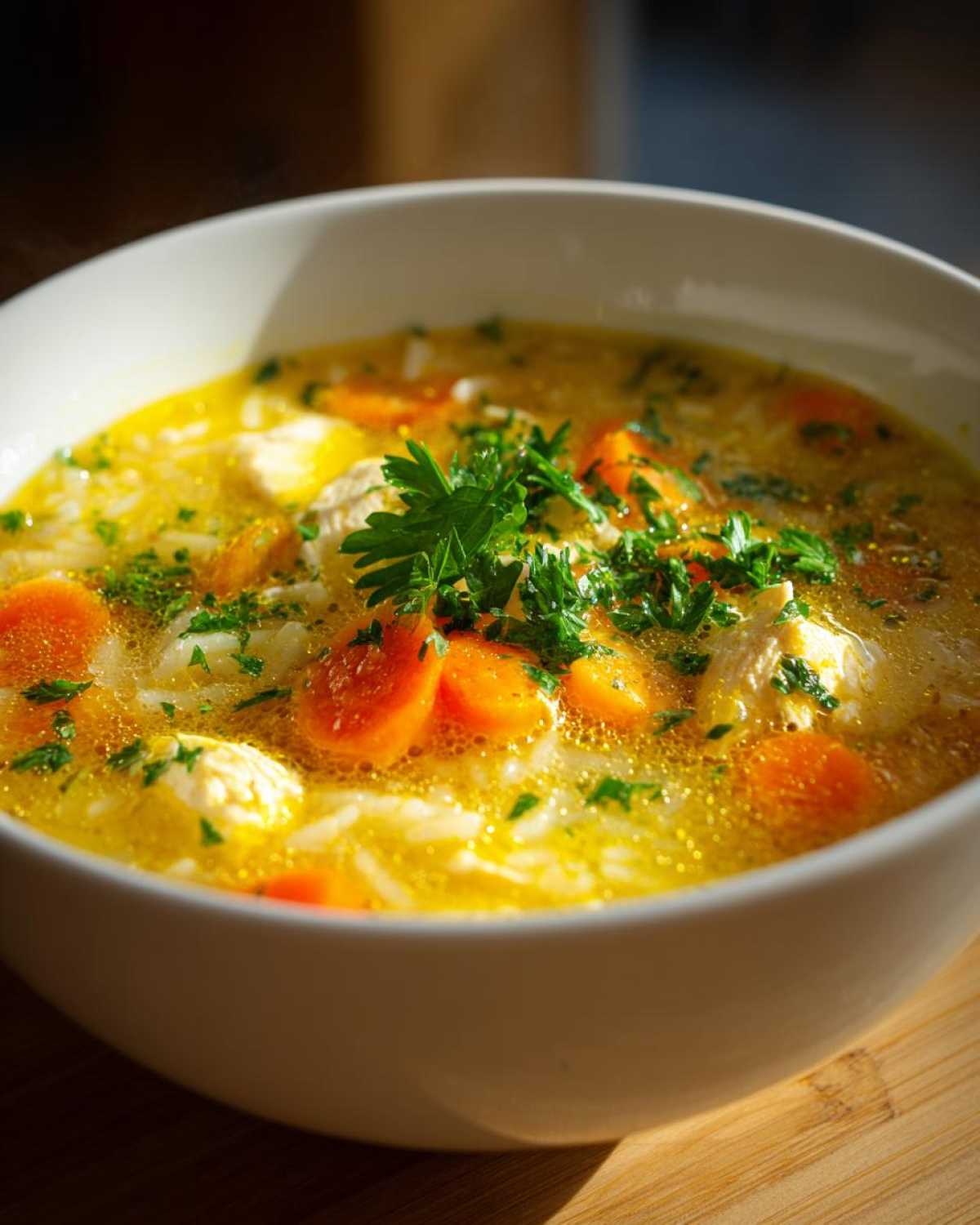 Close-up of a steaming bowl of Lemon Ginger Turmeric Chicken and Rice Soup with carrots and parsley garnish.