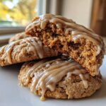 A stack of soft, chewy maple cookies drizzled with a thick, nutty glaze, one cookie broken open.