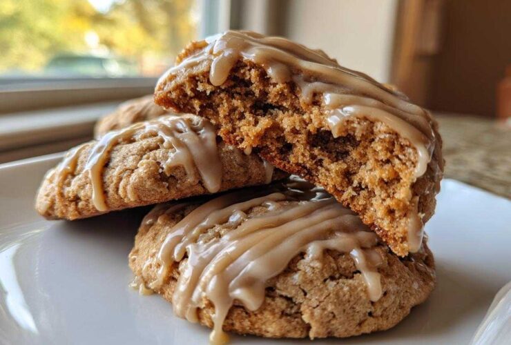 A stack of soft, chewy maple cookies drizzled with a thick, nutty glaze, one cookie broken open.