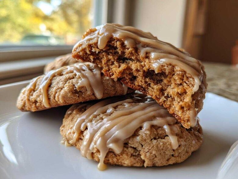 A stack of soft, chewy maple cookies drizzled with a thick, nutty glaze, one cookie broken open.
