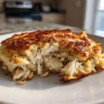 Close-up of a flaky, golden-brown Maryland crab cake showing large chunks of white crab meat inside.