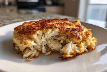 Close-up of a flaky, golden-brown Maryland crab cake showing large chunks of white crab meat inside.
