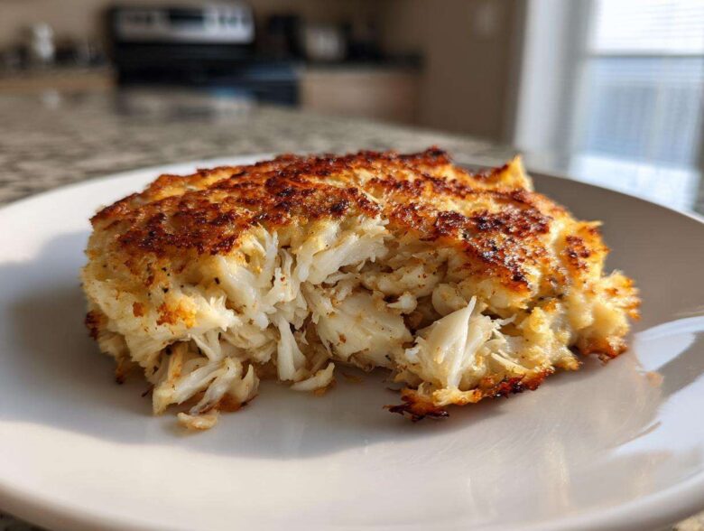 Close-up of a flaky, golden-brown Maryland crab cake showing large chunks of white crab meat inside.