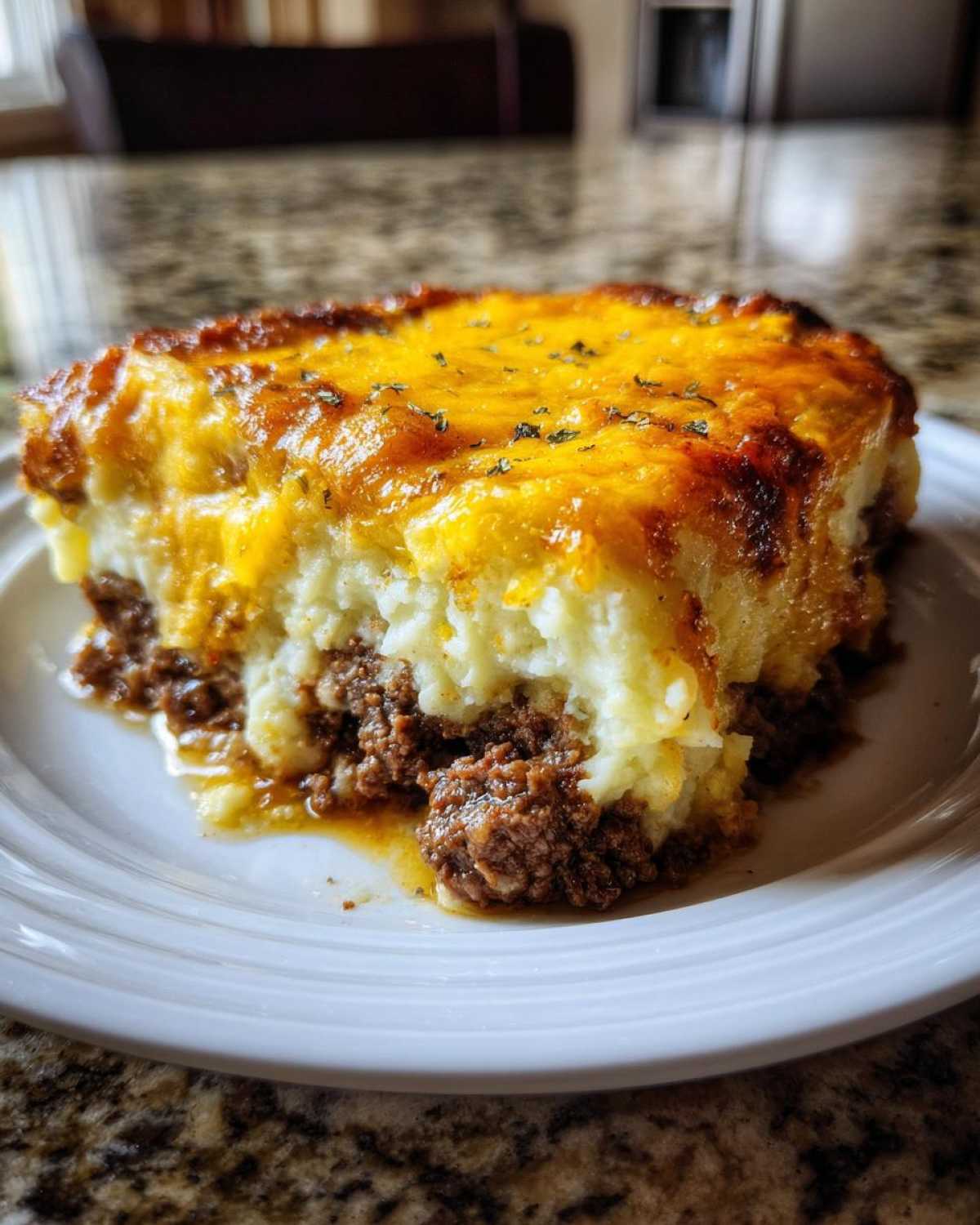 A close-up of a serving of meatloaf casserole featuring a rich ground meat base and a thick, golden, cheesy mashed potato topping.