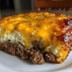 Close-up of a hearty slice of meatloaf casserole featuring a ground meat base, mashed potatoes, and a bubbly, browned cheddar cheese topping.