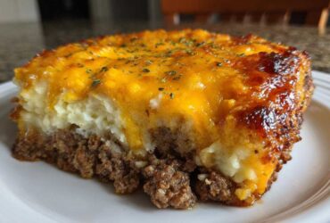 Close-up of a hearty slice of meatloaf casserole featuring a ground meat base, mashed potatoes, and a bubbly, browned cheddar cheese topping.
