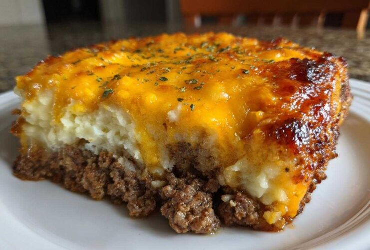 Close-up of a hearty slice of meatloaf casserole featuring a ground meat base, mashed potatoes, and a bubbly, browned cheddar cheese topping.