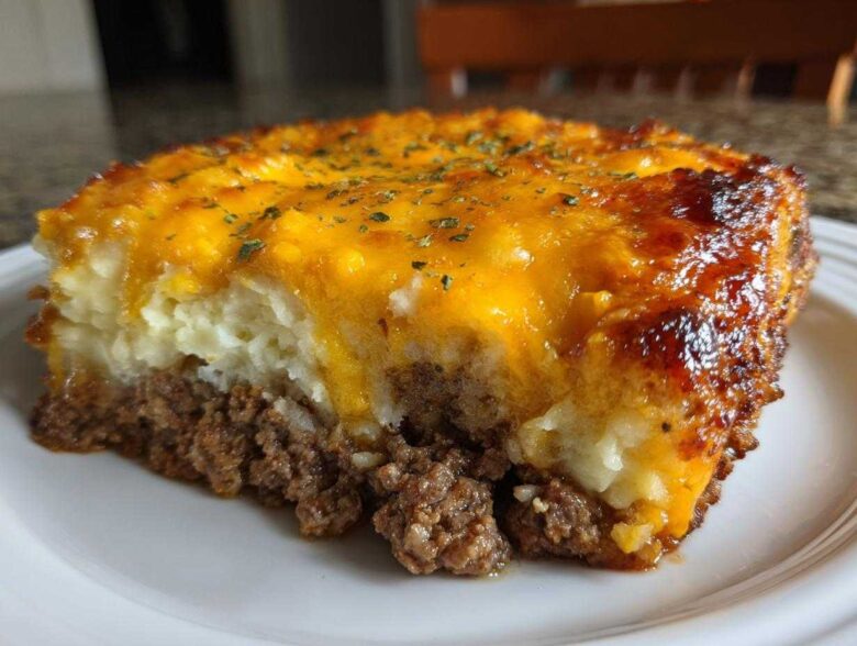 Close-up of a hearty slice of meatloaf casserole featuring a ground meat base, mashed potatoes, and a bubbly, browned cheddar cheese topping.