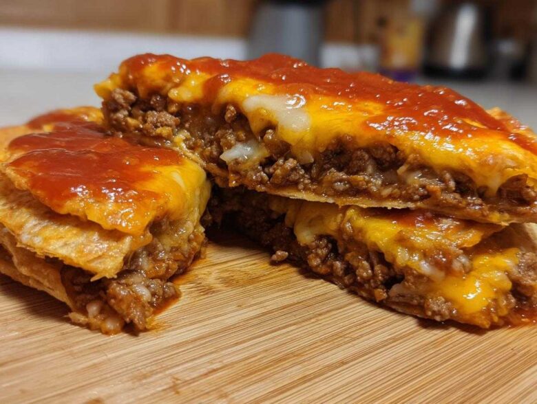 Cross-section view of a homemade Mexican pizza showing layers of seasoned ground beef, melted cheese, and red sauce.