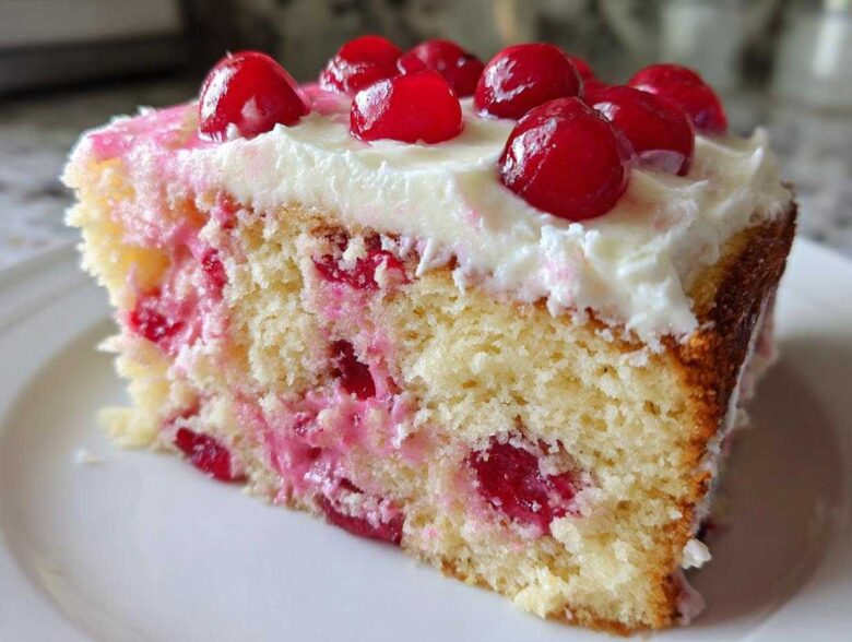 Close-up of a moist slice of vintage cherry cake, featuring a light yellow crumb studded with bright red cherries and topped with white frosting and whole cherries.