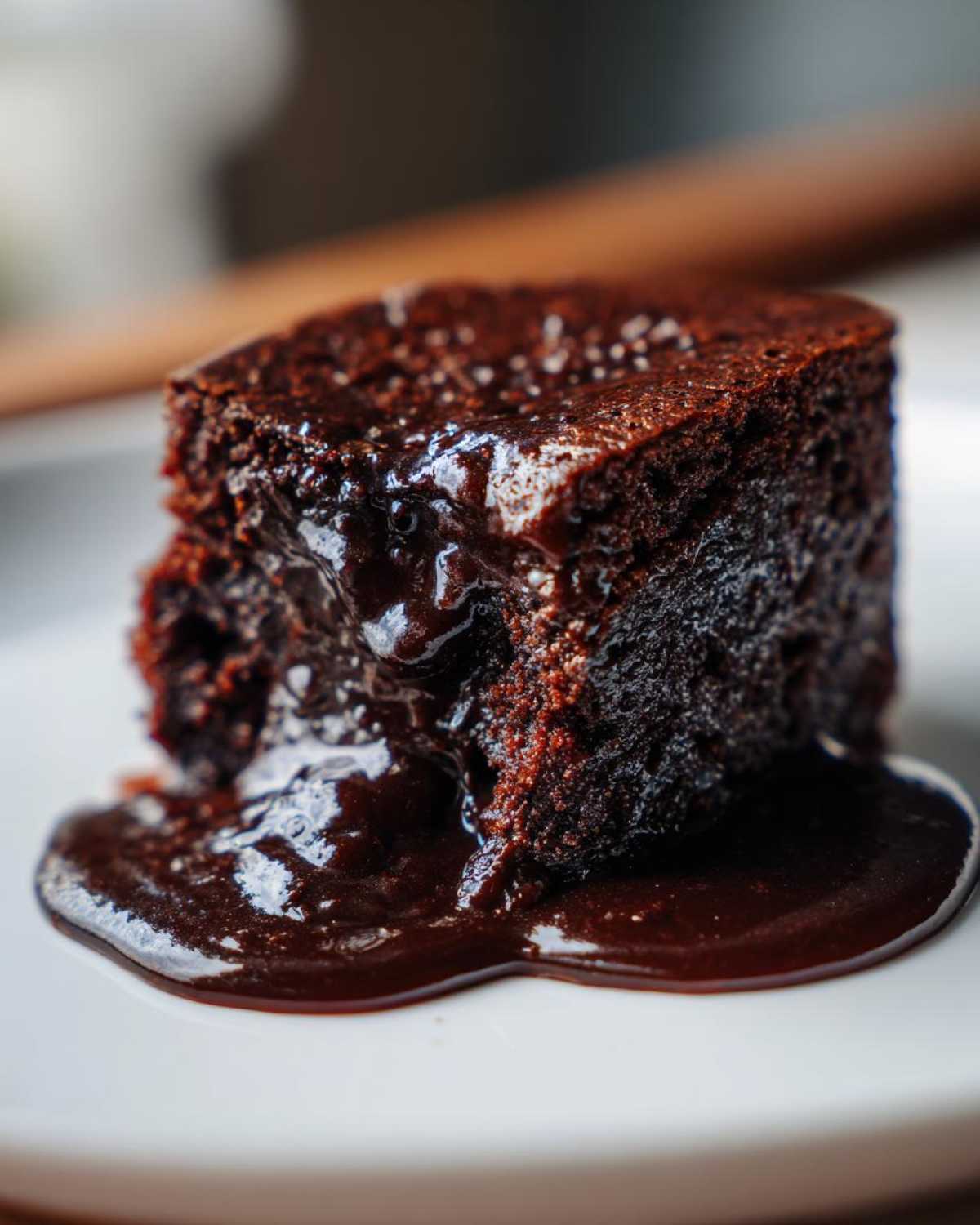 Close-up of a rich, dark slice of chocolate pudding cake oozing with warm sauce.