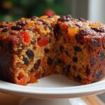 A moist, rich fruit cake recipe, studded with dried fruits and cherries, displayed on a white cake stand.