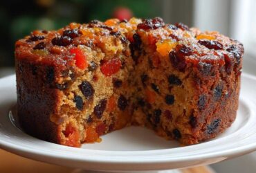 A moist, rich fruit cake recipe, studded with dried fruits and cherries, displayed on a white cake stand.