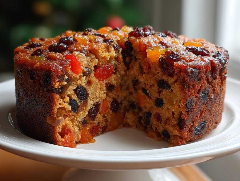 A moist, rich fruit cake recipe, studded with dried fruits and cherries, displayed on a white cake stand.
