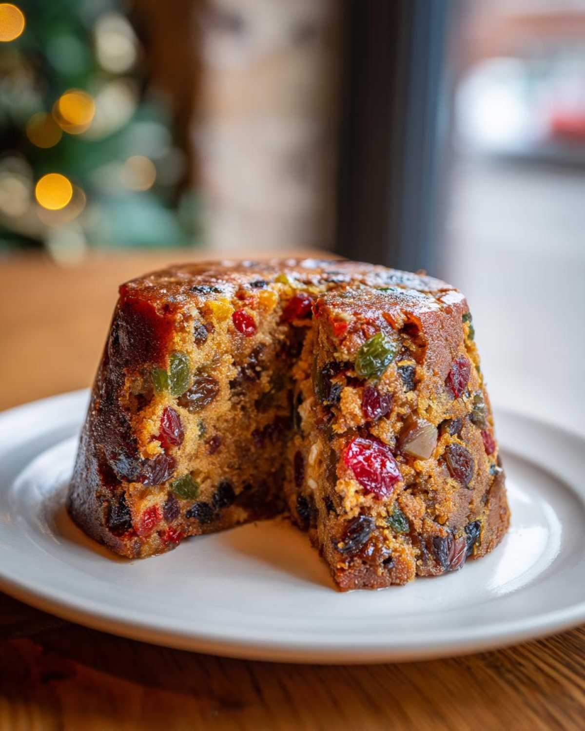 Close-up of a moist fruit cake recipe slice showing rich dried fruits and a slight dusting of powdered sugar.