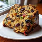 Close-up of a moist slice of fruit cake recipe packed with colorful dried and candied fruits.