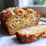 A loaf of moist hawaiian banana bread, partially sliced, showing chunks of pineapple and coconut flakes.