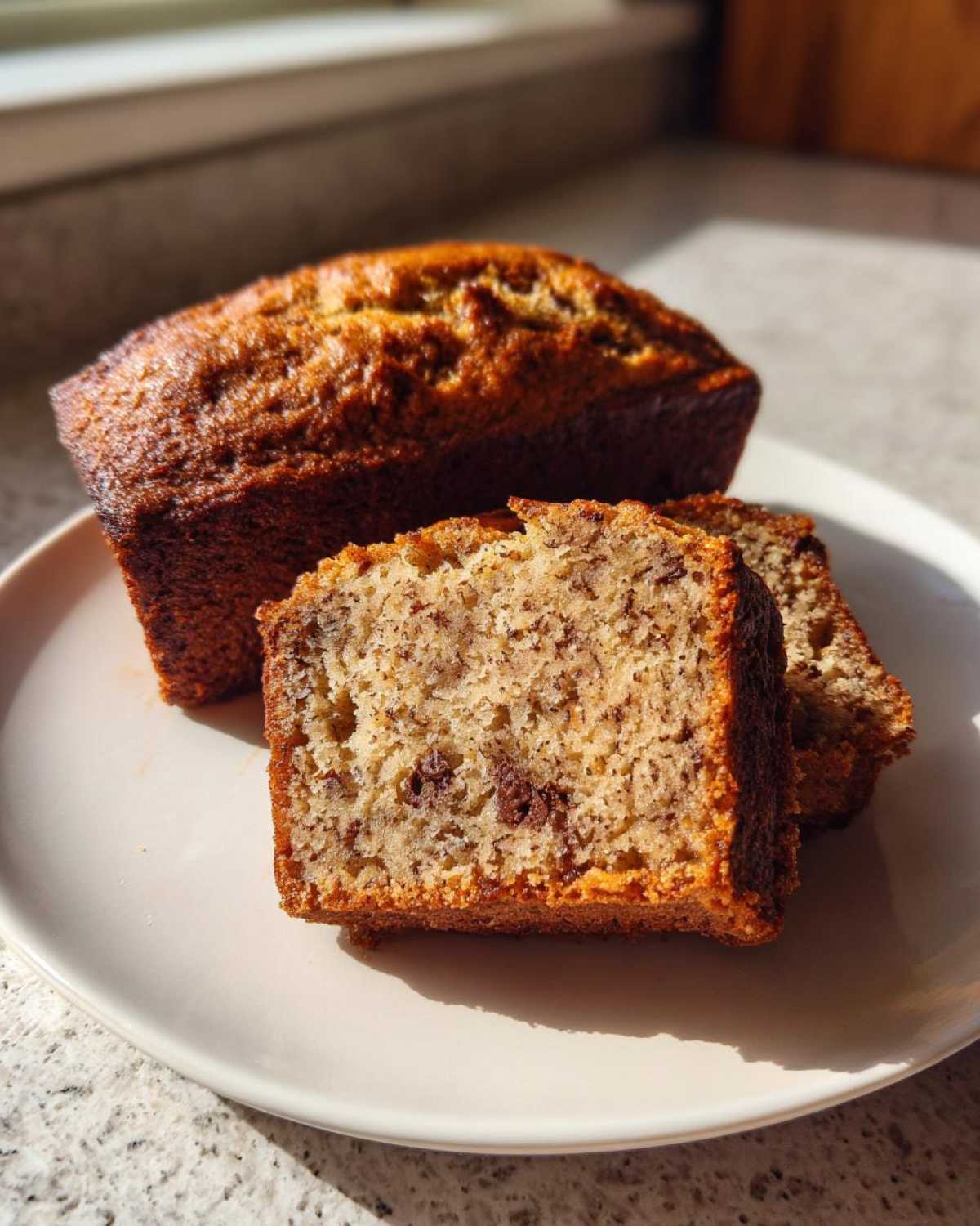 A whole mini banana bread loaf and two slices showing the moist interior of the mini banana bread loaves.