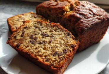 Close-up of sliced mini banana bread loaves showing moist texture and chocolate chips.