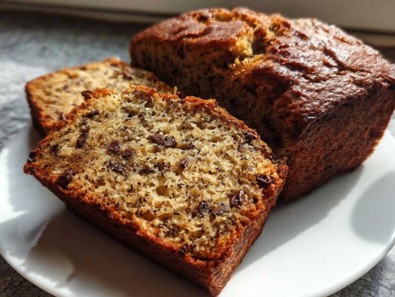 Close-up of sliced mini banana bread loaves showing moist texture and chocolate chips.